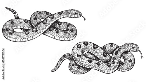 Engraved rattlesnake coiled with raised tail in classic black vintage line drawing