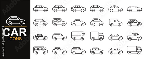 Automotive vehicle icon collection featuring cars, hatchbacks, vans, and sedans for use in transportation branding.