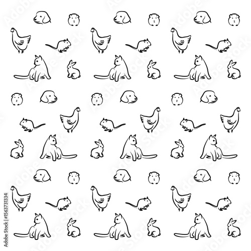Seamless Animal Pattern Sketch, dog, chicken, cat, guinea pig, rat

