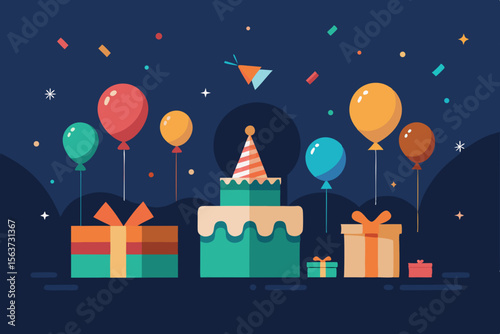 birthday card with balloons and gift boxes