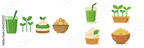 Green smoothie, desserts, and plants showcase healthy eating and vibrant flavors at a wellness event