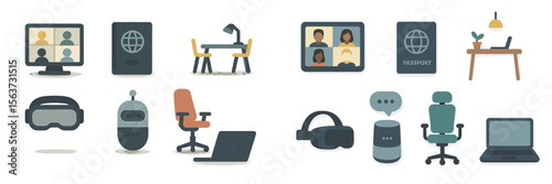 Icons representing remote work, technology, and virtual interaction in a modern workspace environment