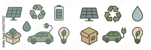 Sustainable energy icons showcasing solar power, recycling, and eco-friendly innovations for green living