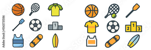 Collection of sports equipment and attire showcasing various athletic activities and their associated gear in a vibrant design