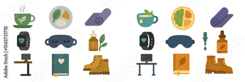 Wellness routine elements including healthy meals, relaxation tools, and active lifestyle essentials