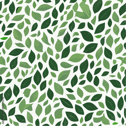 A vibrant seamless pattern of green leaves scattered on a bright white background