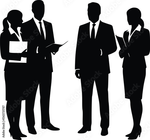Silhouette of four individuals standing together with documents, gesturing, and attentive postures