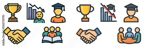 Icons representing achievement, education, and collaboration in a modern design style emphasizing teamwork and success