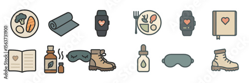 Wellness routines featuring healthy meals, exercise gear, self-care items, and tracking devices for a balanced lifestyle