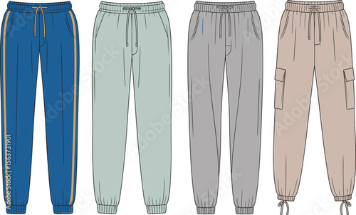 Modern jogger pants fashion flat template, casual streetwear illustration, stylish drawstring sweatpants with pockets for activewear and loungewear design. flat vector illustration