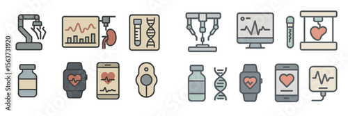 Exploration of advanced medical technology through graphics and icons representing health monitoring and diagnostics