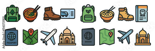 Travel essentials including backpacks, food, and passports in a creative design for adventure seekers and explorers