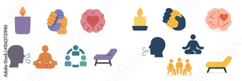 Symbols representing mindfulness, emotional health, and personal growth in a minimalist style