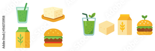 Healthy snack options with smoothies, burgers, and tofu displayed on a clean, minimalistic background