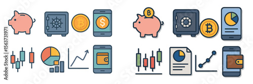 Exploring digital finance with piggy banks, charts and cryptocurrencies in contemporary graphic styles