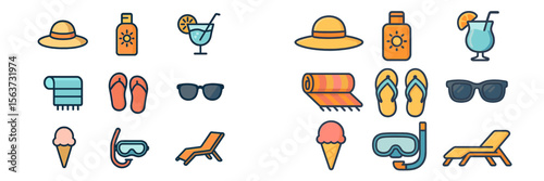 Collection of summer icons showcasing beach essentials, poolside treats, and fun activities to enjoy under the sun