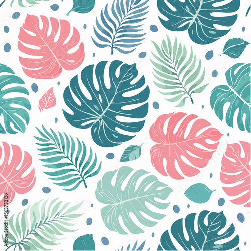Colorful tropical leaf pattern with monstera and palm leaves on a white background