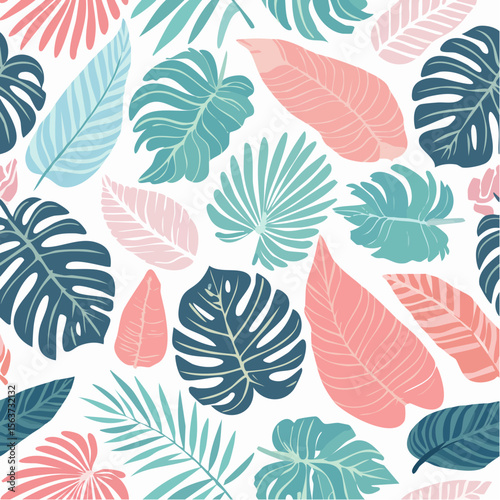 Colorful tropical leaves pattern on white background, vector illustration design element