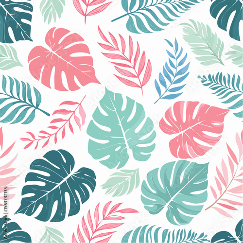 Colorful tropical leaves pattern on white background for seamless design elements