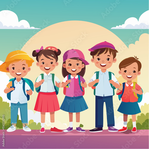 Cute illustration of five diverse children standing together ready for school