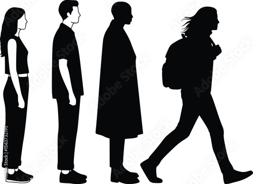 Silhouette of four individuals in different standing and walking poses, including one carrying a backpack