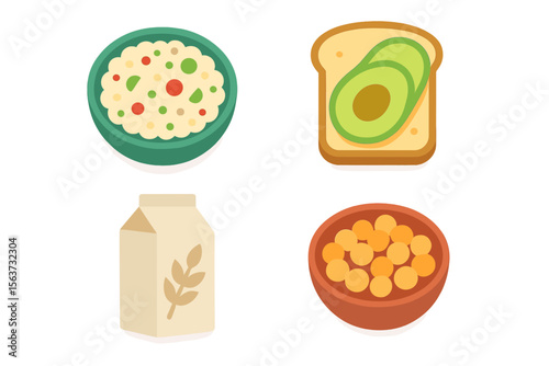 Healthy meal options featuring salad, avocado toast, milk, and chickpeas served on a modern background