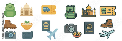 Travel essentials and adventure icons highlighting exploration and cultural experiences in various settings