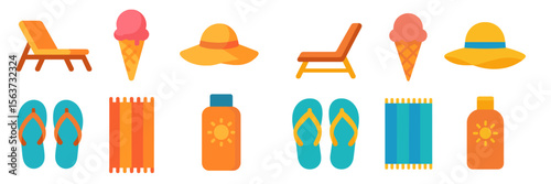 Items for a perfect beach day including ice cream, hats, and lounge chairs in bright colors