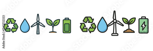 Various icons illustrate themes of sustainability, showing elements like recycling, renewable energy, water, and green plants