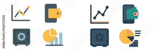 Visual representation of financial data with graphs, wallets, and safe symbols illustrating investment and savings concepts