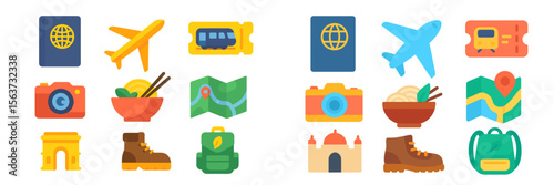 Travel icons depicting various activities and elements related to tourism and exploration in a colorful design