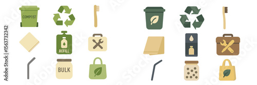 Sustainable living icons illustrating eco-friendly practices for waste reduction and recycling methods