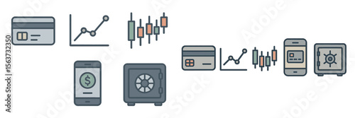 Digital financial technology symbols representing banking, investing, and security measures in modern finance