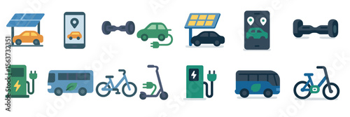 Electric transportation and sustainable mobility options showcasing diverse vehicles and charging solutions in a modern design