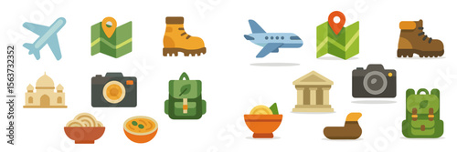 Travel icons collection showcases adventure elements for journey planning and exploration