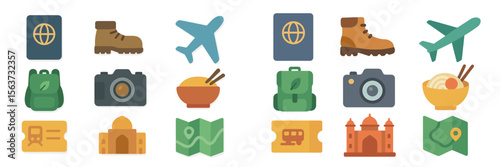 Travel icons highlighting adventure gear, transportation, and cultural landmarks for exploration themes