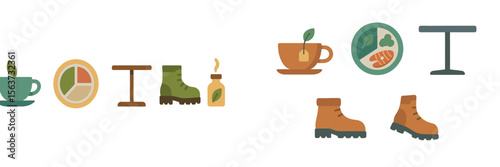 Coffee, food, and outdoor gear displayed on a table suggest a relaxing brunch in a cozy cafe atmosphere