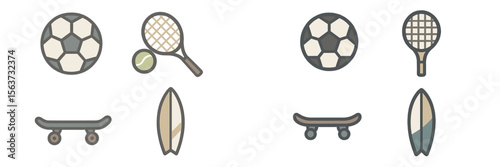Collection of sports equipment including soccer balls, tennis rackets, skateboards, and surfboards for various activities