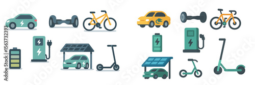 Electric vehicles and sustainable transport icons illustrate modern mobility solutions in an eco-friendly style