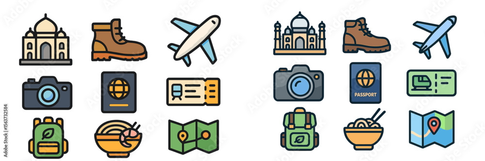Obraz premium Travel icons depicting adventure and exploration themes, showcasing famous landmarks and journey essentials