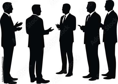 Silhouette of five professionals standing in a row engaged in business discussion