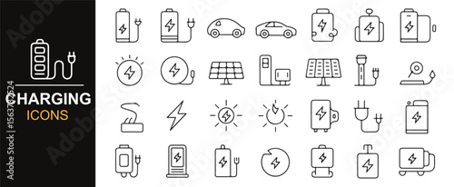 Icon set showing energy, battery, and electric vehicle charging symbols in line art style for tech and environmental brands.
