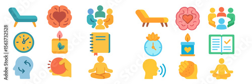 Diverse icons representing mental health activities, mindfulness techniques, and community support during the day
