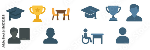 Graduation symbols including caps, trophies, and diverse individuals engaged in academic achievement settings