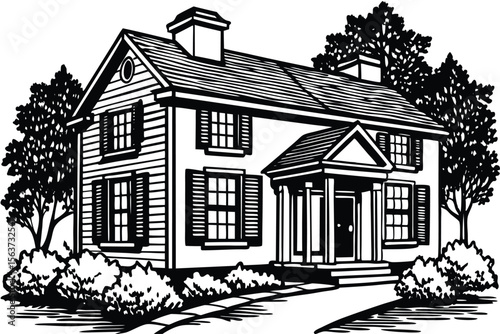 Classic Colonial House Design Architectural Illustration of a Two-Story Home
