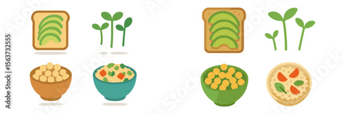 Brightly colored food illustrations featuring healthy dishes with avocado toast, chickpea salad, and sprouts in a clean layout