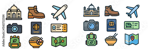 Travel icons depicting adventure and exploration themes, showcasing famous landmarks and journey essentials