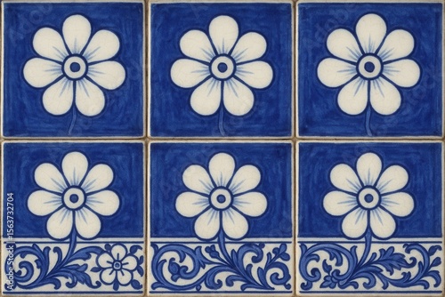 A blue and white tile with flowers on it