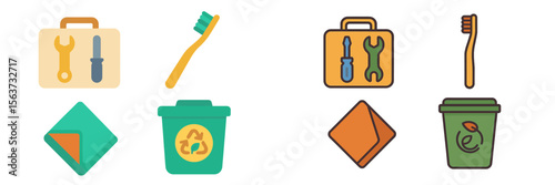 Tools and cleaning supplies arranged in a layout highlighting recycling and maintenance practices for a tidy environment