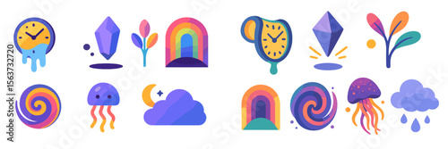 Whimsical illustrations of clocks, crystals, and nature, with vibrant rainbows and jellyfish, come together in a playful design